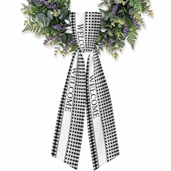Welcome Wreath Sash for Front Door 4.5"x56", Minimalist White Black Buffalo Check Double-Sided Bow Ribbon Decor for Wreaths, Stair Railings, Fireplace Mantel
