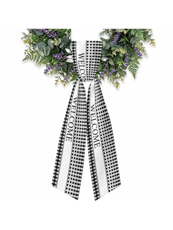 Welcome Wreath Sash for Front Door 4.5"x56", Minimalist White Black Buffalo Check Double-Sided Bow Ribbon Decor for Wreaths, Stair Railings, Fireplace Mantel