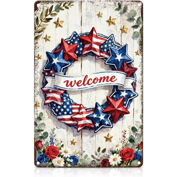Welcome Wreaths Metal Sign For Home Front Door, Patriotic Farmhouse Wall Decor, Veteran Memorial Day Metal Wall Plaque Sign,4Th Of July Independence Day Decoration, 8 x 12 Inch