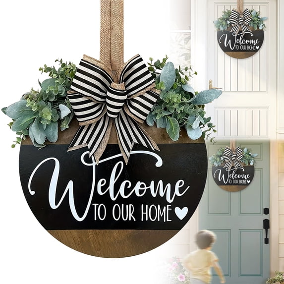 Welcome Wreaths Sign for Front Door, 11.8 Inch Rustic Round Wooden Wreath with Bow and Artificial Greenery, 3D Farmhouse Front Porch Wall Decor Hanging for All Seasons Holiday Outdoor