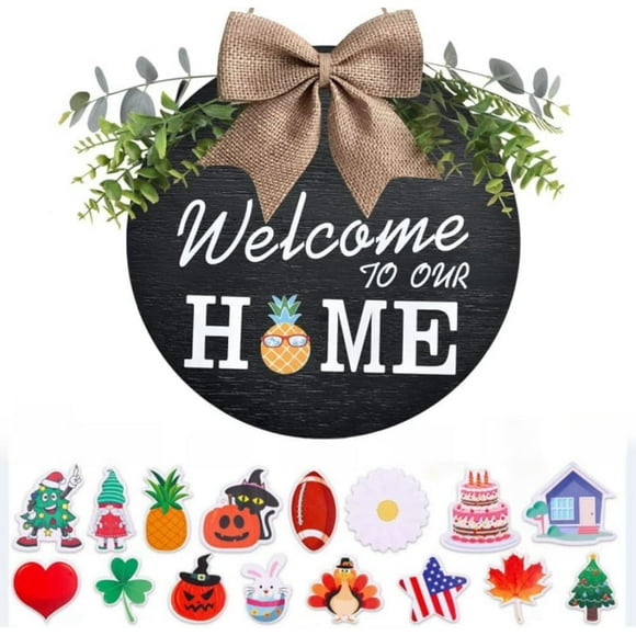 Interchangeable Welcome Sign for Front Door with 16 Changeable Icons, Farmhouse Front Door Signs, Door Decoration Porch Decor, Seasonal Wooden Home Sign Home dcor