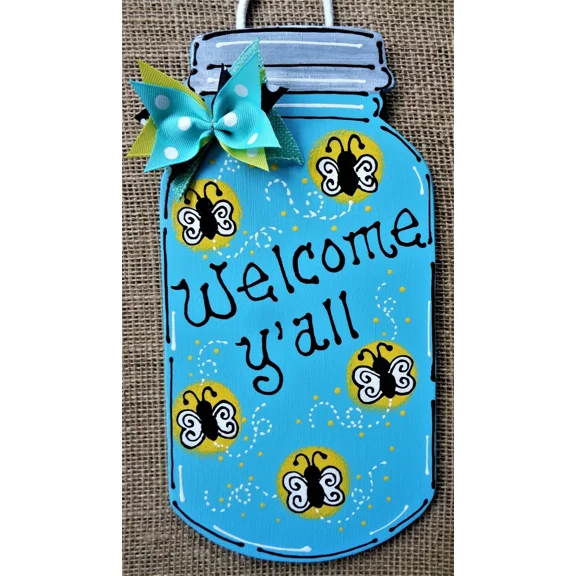Welcome Y'All Mason Jar Firefly Sign Wall Door Porch Kitchen Plaque Fireflies