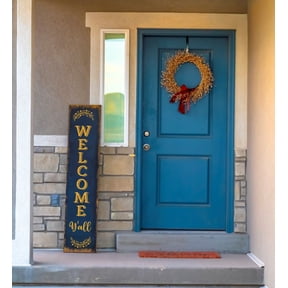 Welcome Y’all Tall Wood Sign Vinyl Decal – Porch Entryway Decor Sticker with Laurel Wreath, Vertical Farmhouse Welcome Sign Lettering, 4ft, Honey