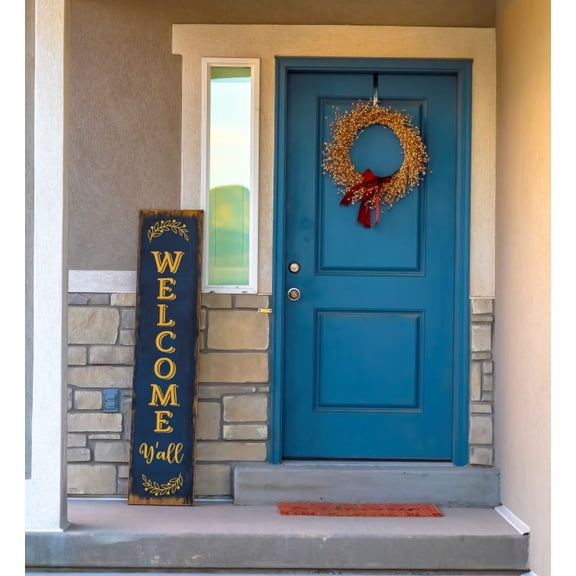 Welcome Y’all Tall Wood Sign Vinyl Decal – Porch Entryway Decor Sticker with Laurel Wreath, Vertical Farmhouse Welcome Sign Lettering, 4ft, Honey