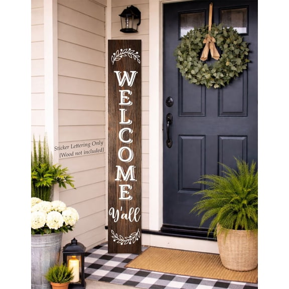 Welcome Y’all Tall Wood Sign Vinyl Decal – Porch Entryway Decor Sticker with Laurel Wreath, Vertical Farmhouse Welcome Sign Lettering, 6ft, White