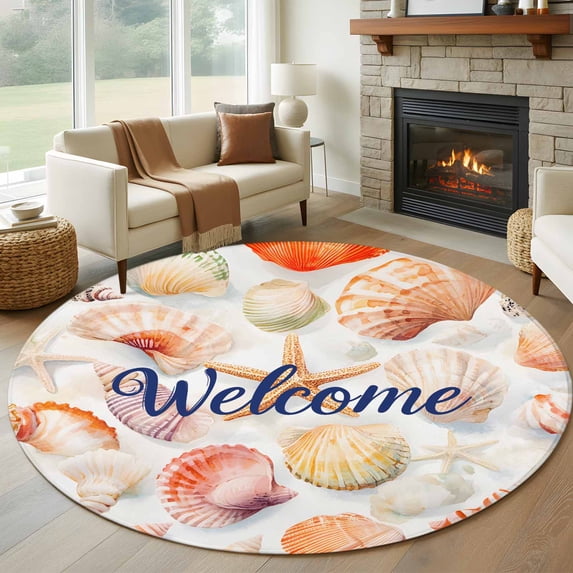 Welcome Yellow Seashell Round Living Room Rugs 7 ft, Ocean Starfish Summer Washable Area Rug with Non-Slip Sturdy Edge Binding Round Carpet for Kitchen Office Bedroom