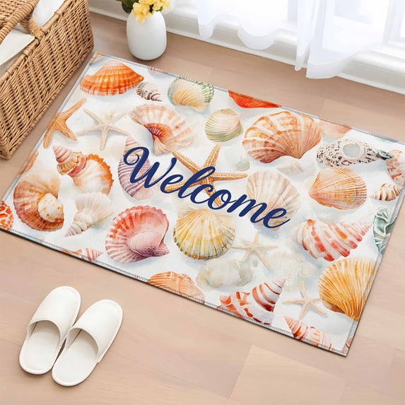 Welcome Yellow Seashell Washable Small Entryway Area Rugs 2'x3', Ocean Starfish Summer Low Pile Throw Rug Non-Slip Sturdy Edge Binding Carpet for Front Door Floor Room Entry