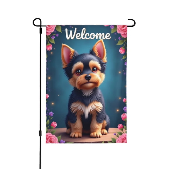Welcome Yorkshire Terrier Garden Flag 12x18 Inch Double Sided Floral Dog Garden Flag Outdoor Yard House Flags Spring Summer Patio Decor