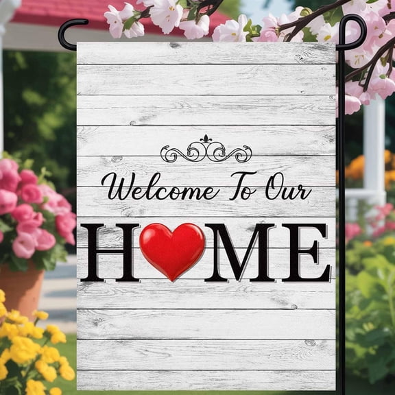 Welcome day Garden Flag for Outside Welcome to Our Home Quote Holiday Yard Flag Double Sided, Retro Farm Wood Grain Outdoor Seasonal Flag for Patio, Porch, Lawn Decoration, 12x18in