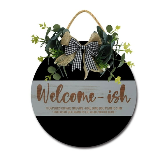 Welcome-ish It Depends On Who You Are Sign Farmhouse Wood Sign Front Porch Decor Rustic Wooden Sign Wall Decor Hanging Wooden Decorations with Bow-Knot for Home Porch Wall Door, 11 x 11 inch