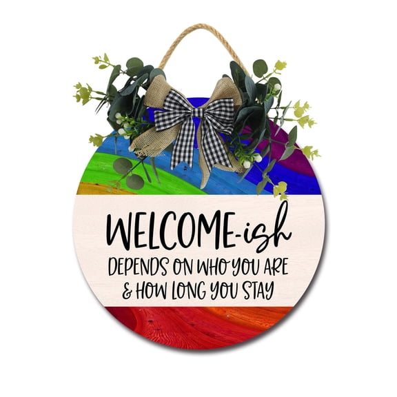 Welcome-ish Front Door Sign Funny Wreaths Hanging Wooden Plaque Decoration Round Rustic Wood Farmhouse Porch Decor for Home Front Door Decor, 12 Inch