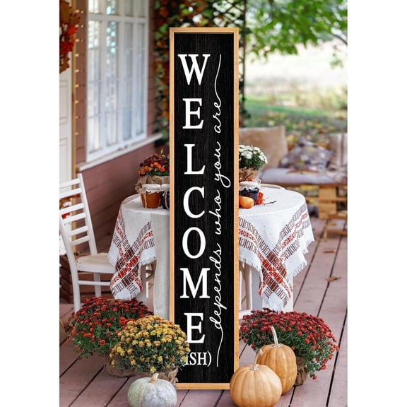 Welcome-ish Sign for Front Porch Standing 45"X9" Large Farmhouse Outdoor Wood Framed Home Vertical Tall Funny Large Welcome Sign For Rustic Modern Outside Front Door Wall Decor (Wood Black)