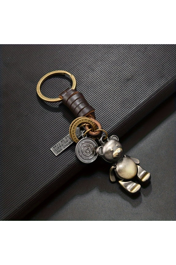 Welcome men's fashion keychain, teddy bear alloy key chain, artificial leather, non -woven fabric, brown, fashion style, no precious metal plating, men's gift,Tan