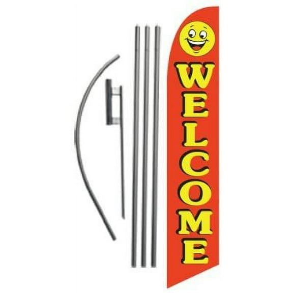Welcome red/smiley 15ft Feather Banner Swooper Flag Kit - INCLUDES 15FT POLE KIT w/GROUND SPIKE