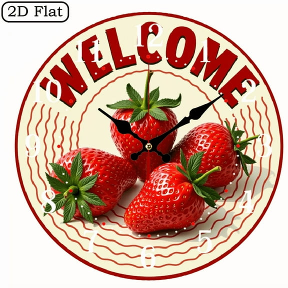 Welcome sign at the entrance strawberry, 2D Flat 1pc 10Inch Design Silent Wall Clock - Wooden, Ideal for Living Room, Kitchen, Office Decor, Perfect Christmas Gift