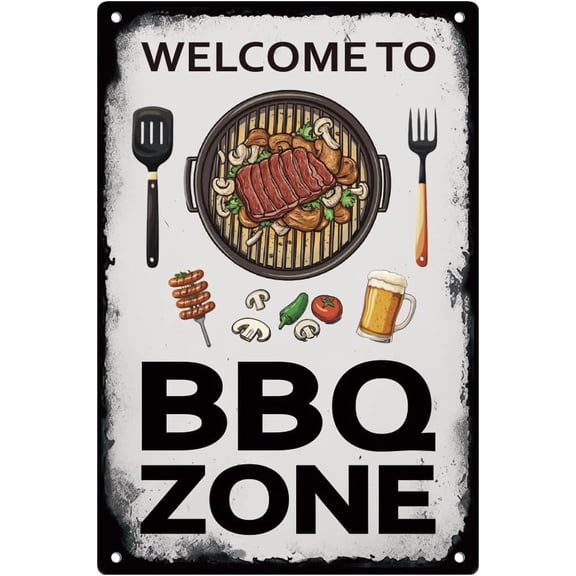 Welcome to BBQ Zone Vintage Tin Sign Barbeque Retro Art Wall Poster for Home Kitchen Restaurant Wall Decor 7.9 X 11.9 Inch