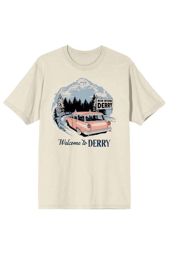 Welcome to Derry Car Road sign Trees Logo text on Natural Adult T-Shirt-Large