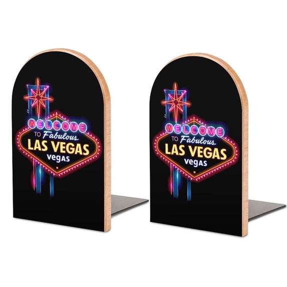Welcome to Fabulous Las Vegas Wood Book Ends for Shelves Non-Skid Book Holders Heavy Duty Book Stand Support for Books and Movies