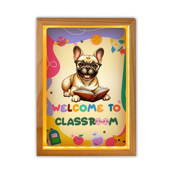 Welcome to French Bulldog Classroom Teacher Dog Mom Acrylic Plaque with Wood Photo Frame Box Dog Lover Gifts Light Box - 02015