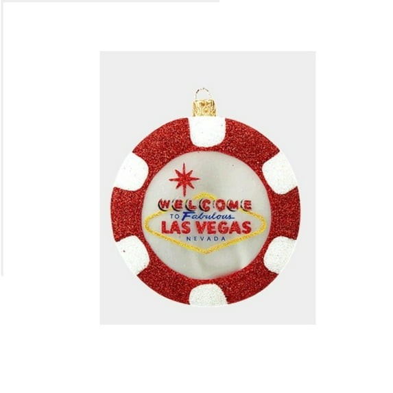 Welcome to Las Vegas Red Poker Chip Polish Glass Christmas Ornament Decoration