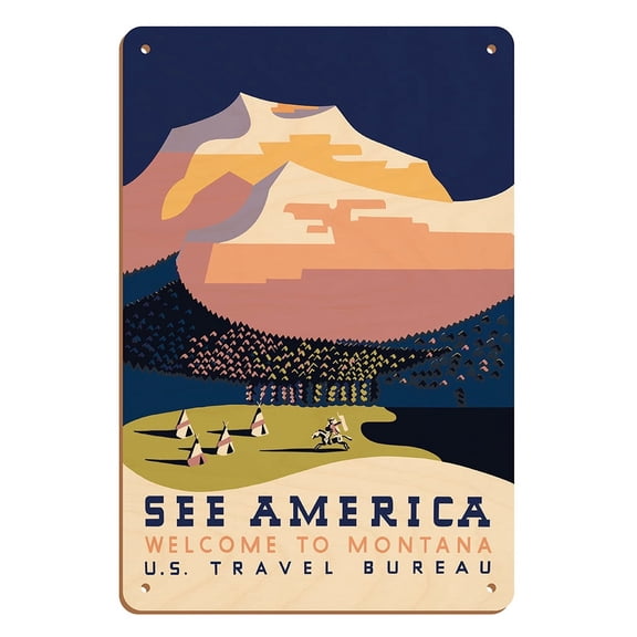 Welcome to Montana See America - Vintage Travel Poster by Richard Halls c.1936 - 8 x 12 inch Vintage Wood Art Sign