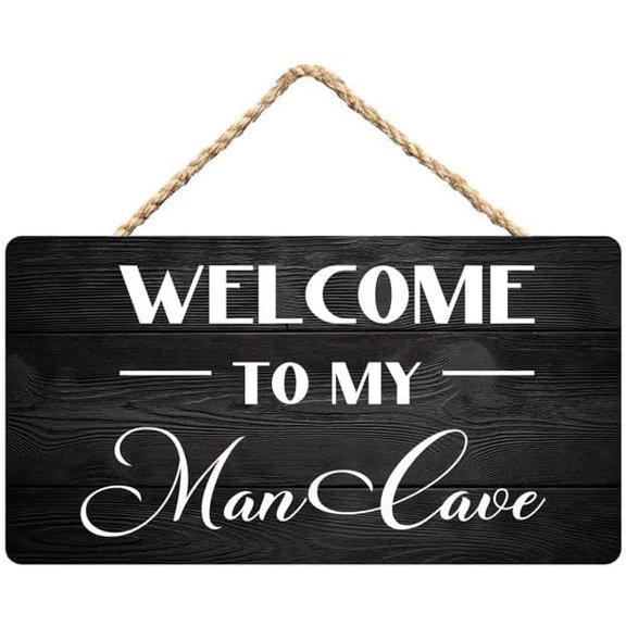Welcome to My Man Cave Rustic Wooden Hanging Sign - 12 x 8 Inch Home Door Bedroom Decor for Guys‘ Garage
