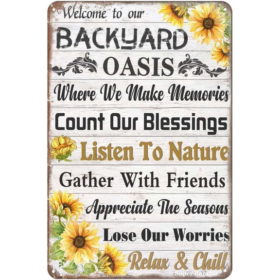 Welcome to Our Backyard Oasis Vintage Tin Sign Home Yard Porch Sign Patio Pool Bar Coffee Wall Decor Sign 12x8 Inches