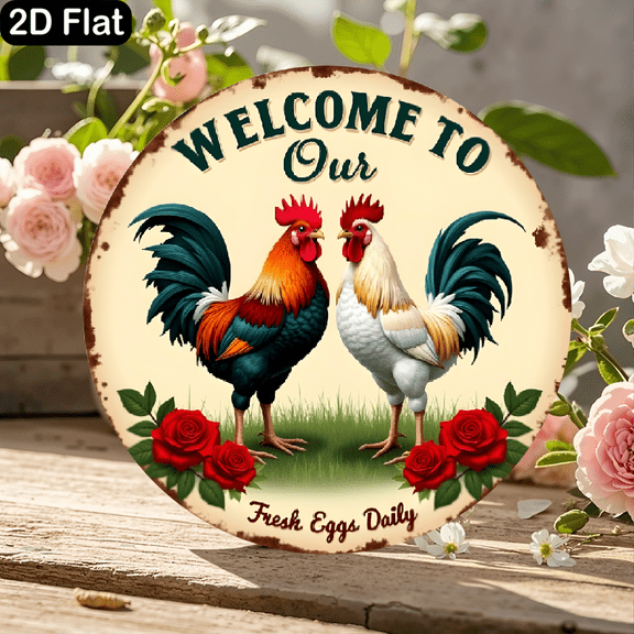 Welcome to Our Farm Fresh Eggs Daily Vintage Rustic Rooster Wall Art Decor 11.8 x 11.8 Inches Round Wood Sign for Kitchen, Farmhouse Home Decoration