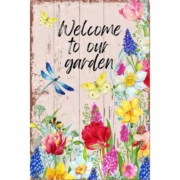 Welcome to Our Garden Retro Metal Tin Sign Floral Bee Dragonfly Butterfly Outdoor Yard Decor 8x12 Inches