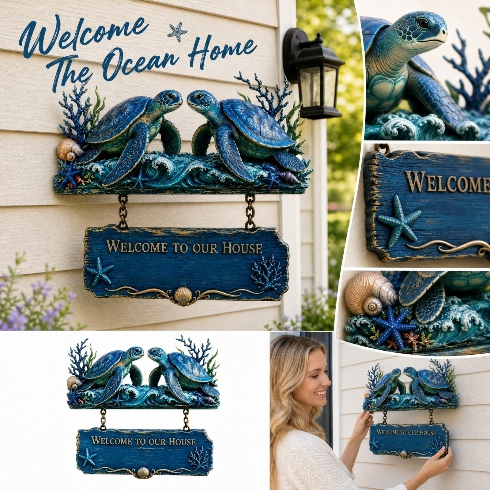 Welcome to Our House Sign with Sea Turtle and Coastal Design, Nautical Wall Decor for Front Door and Porch, Beach Home Decor Hanging Wall Art 1 Piece