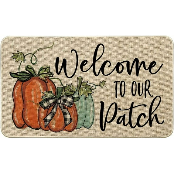 Welcome to Our Patch Decorative Doormat, Fall Autumn Thanksgiving Pumpkin Low-Profile Floor Switch Mat for Indoor Outdoor 17x30 Inch