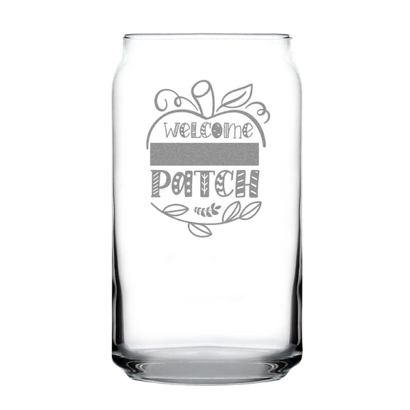 Welcome to Our Patch Hand Engraved 16oz Can-Shaped Pint Glass, Friendsgiving Decor, Thanksgiving Table, Fall Themed, Unique Hostess Gift