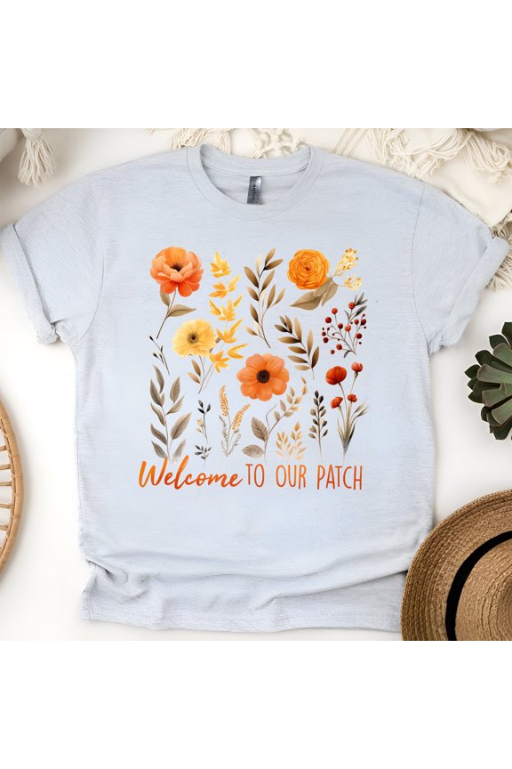 Welcome to Our Patch T-Shirt | Fall Floral Pumpkin Patch Tee, Ash, Size 2XL