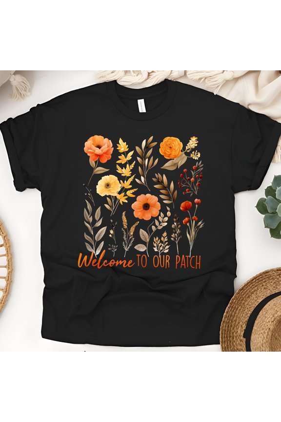Welcome to Our Patch T-Shirt | Fall Floral Pumpkin Patch Tee, Black, Size M