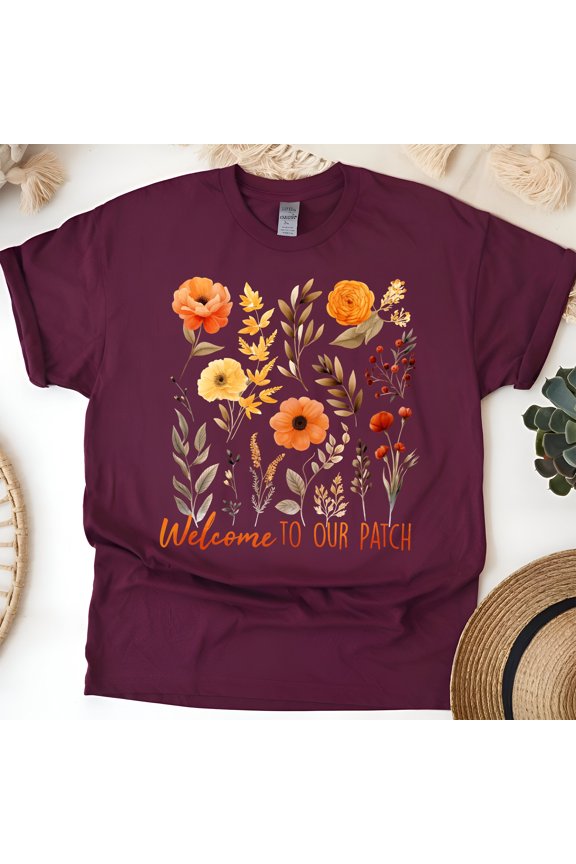 Welcome to Our Patch T-Shirt | Fall Floral Pumpkin Patch Tee, Maroon, Size L