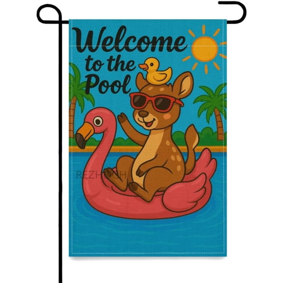 Welcome to Our Pool Deer Garden Flags 12x18 Inch for Outside Summer Flamingo Swimming Ring House Flag Double Sided for Yard Outdoor Decorations