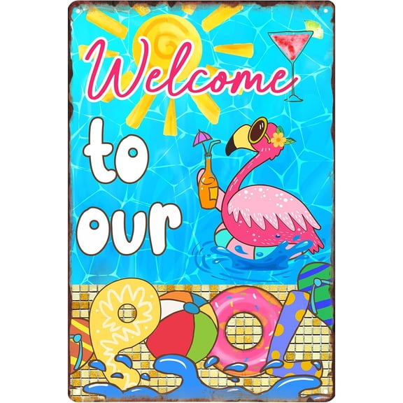 Welcome to Our Pool Tin Sign, Swimming Pool Metal Tin Sign, Decor Pool Gifts for Pool Summer Garden Outdoor Decorations, 12x 8 Inch (Flamingo Pool)