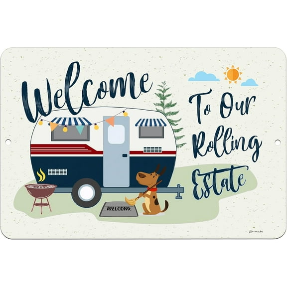 Welcome to Our Rolling Estate Metal Tin Sign - 8x12 Inch Rustic Camping RV Decor for Travel Trailers, Campers, and Outdoor Enthusiasts