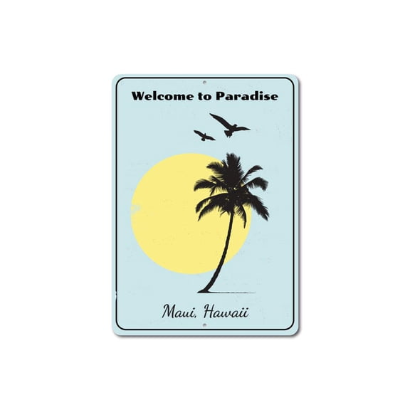 Welcome to Paradise Sign, Beach Location Name Decor, Custom Sun Palm Tree Birds Beach House Aluminum Sign - 4x18 inches