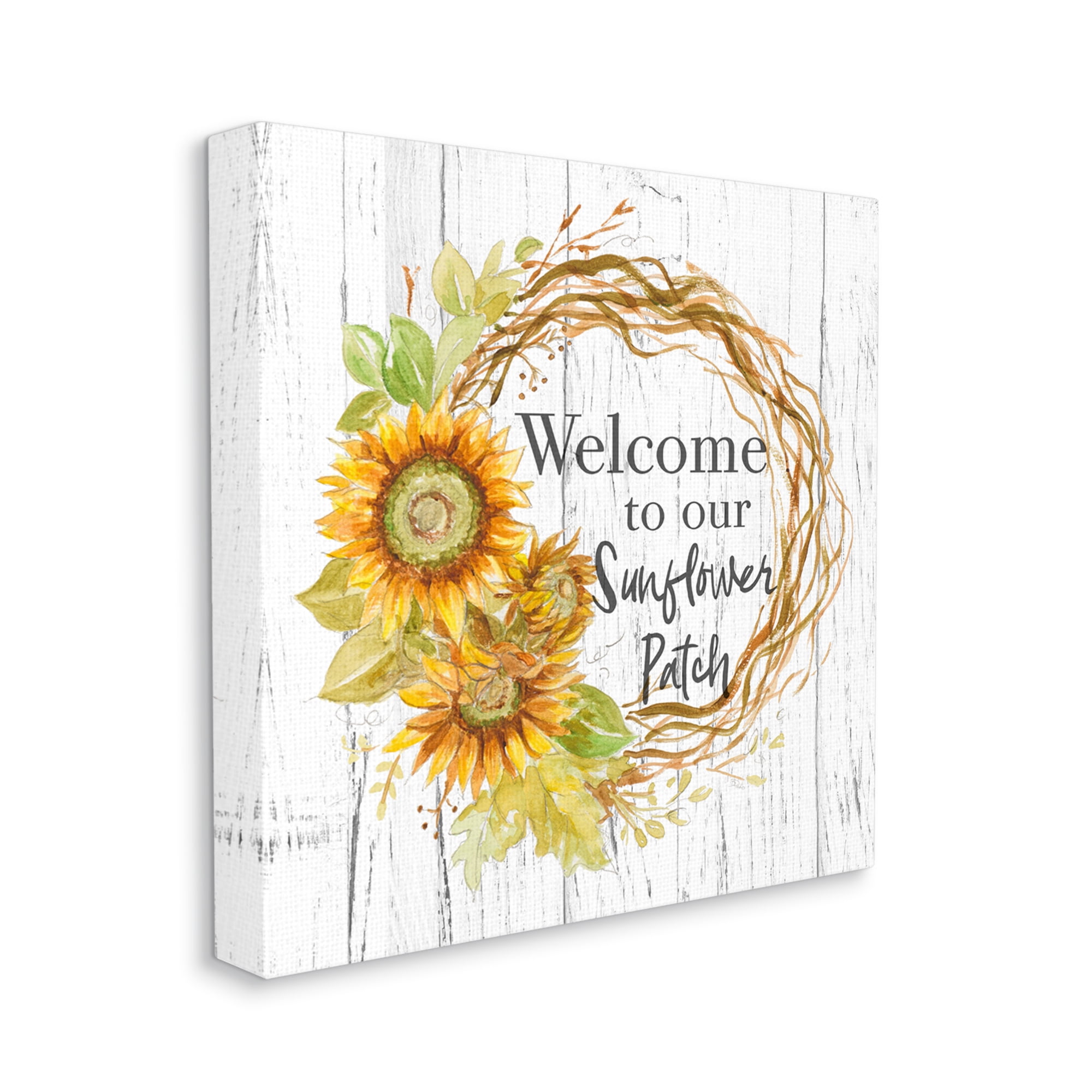 Welcome to Sunflower Patch Rustic Floral Wreath Botanical & Floral Gallery-Wrapped Canvas Print Wall Art, 17x17