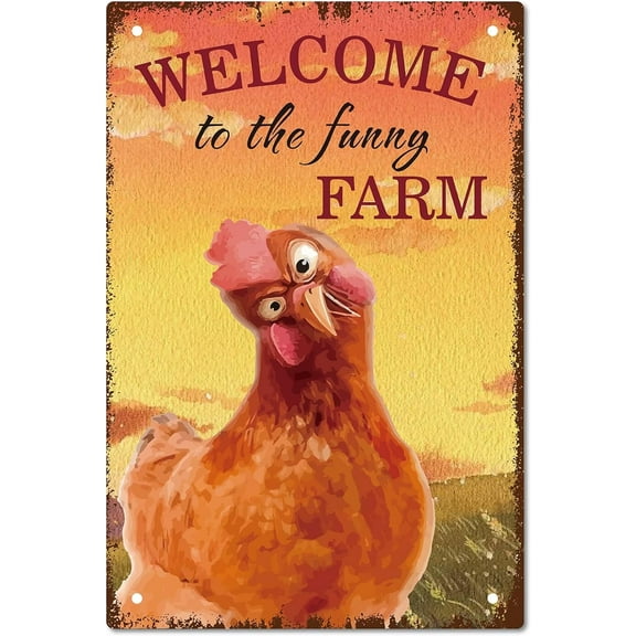 Welcome to The Funny Farm Sign Chicken Metal Tin Sign Rooster Vintage Painting Poster Plaque Retro Iron Sign Mural Hanging Wall Art Decor