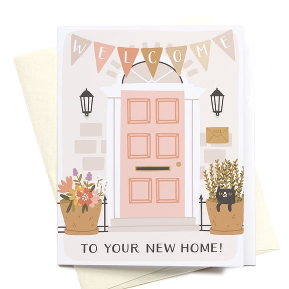 Welcome to Your New Home Card Charming Front Door Design with Flowers and Cat Blank Inside, Envelope Included Perfect for Housewarming Gifts