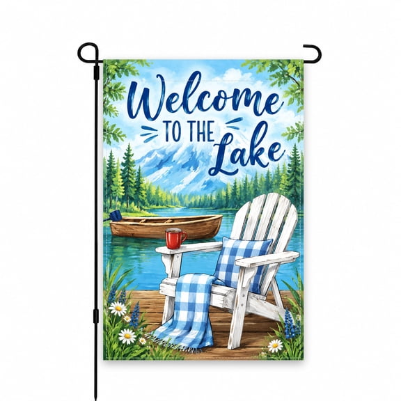 Welcome to the Lake Garden Flag, 12x18 Inch, Scenic Lake View with Mountains, Boat, and Adirondack Chair, Outdoor Decor for Porch, Patio, Lawn