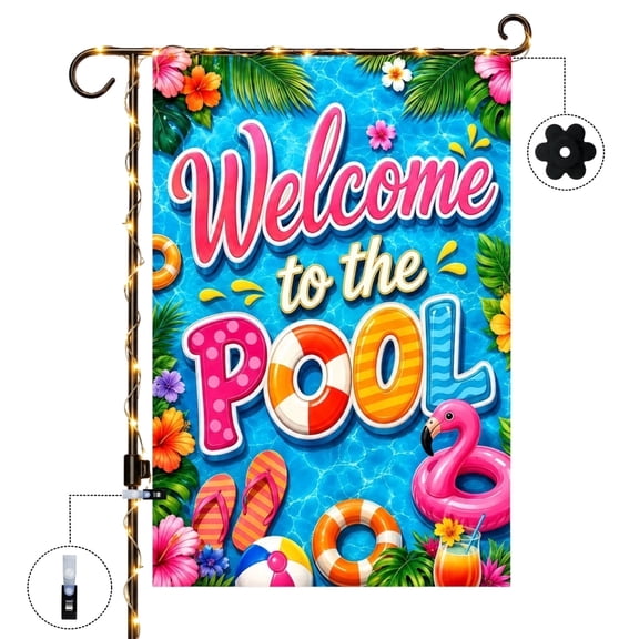 Welcome to the Pool Garden Flag with LED Lights, Double Sided 12x18 Inch, Spring Summer Outdoor Flag for Patio Lawn Pool Party Decor