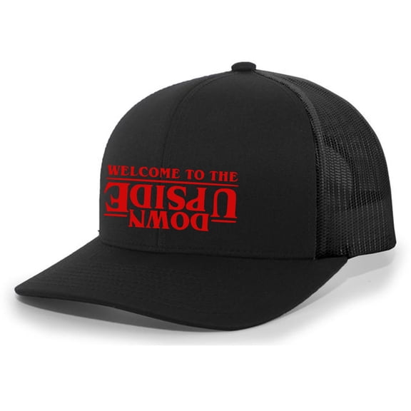 Welcome to the Upside Down Mens Embroidered Mesh Back Trucker Hat, Black/Black