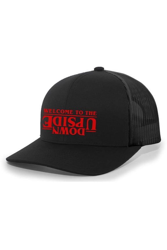 Welcome to the Upside Down Mens Embroidered Mesh Back Trucker Hat, Black/Black