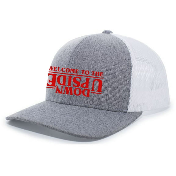 Welcome to the Upside Down Mens Embroidered Mesh Back Trucker Hat, Heather Grey/White