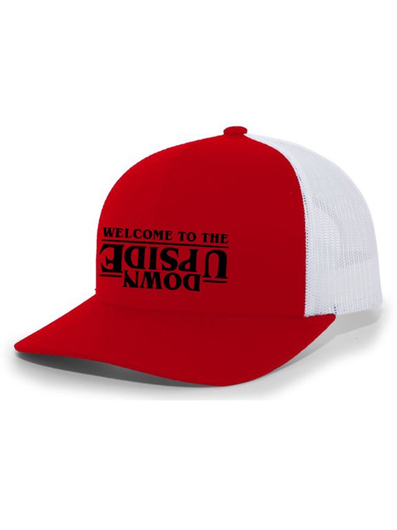 Welcome to the Upside Down Mens Embroidered Mesh Back Trucker Hat, Red/White