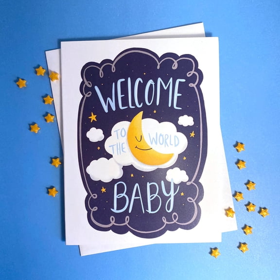 Welcome to the World Baby Card  Adorable Moon and Cloud Design  Blank Inside, Envelope Included  Perfect for Newborn Baby Gifts and Baby Showers