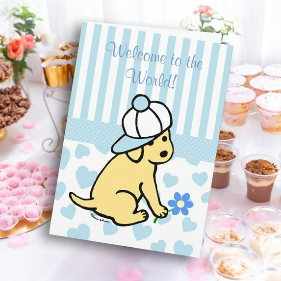 Welcome to the World Baby Card – Cute Puppy Design with Blue Stripes – Perfect for Newborn Baby Gifts, Celebrations, and Congratulatory Messages